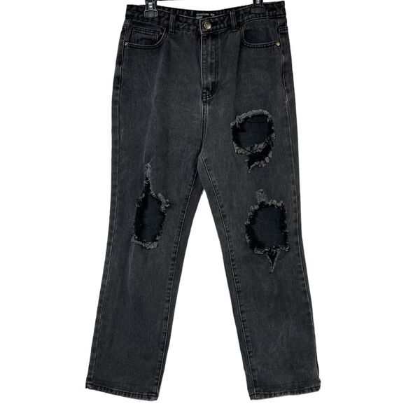 PrettyLittleThings Jeans Black Denim Holes Distressed High Rise Size‎ 8 Straight - Picture 1 of 10